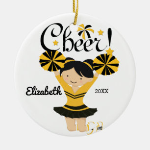 Zwart & Goud Cheer Zwart Haar Cheerleader Ornament