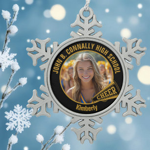 Zwart Goud Cheerleader Foto Middelbare school Tin Sneeuwvlok Ornament