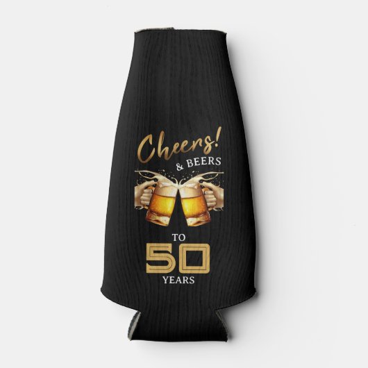 Zwart & Goud Cheers & Beers 50 Jaar 50e Verjaardag Flesjeskoeler (Voorkant)