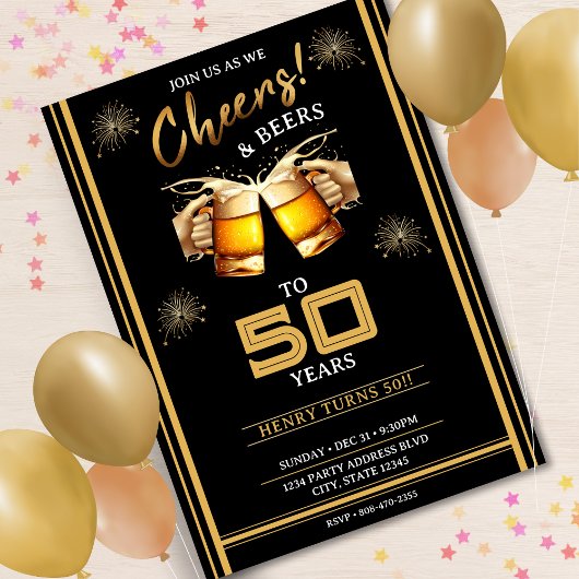Zwart & Goud Cheers & Beers 50 Jaar 50e Verjaardag Kaart