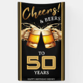 Zwart & Goud Cheers & Beers 50 Jaar 50e Verjaardag Spandoek (Verticaal)