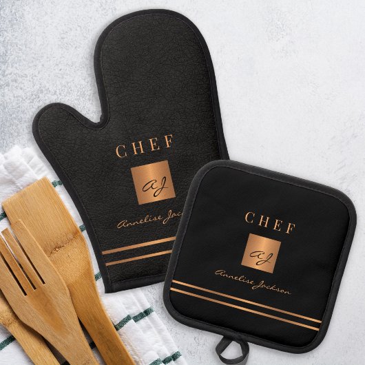 Zwart goud chef monogram moderne keuken ovenwant & pannenlap set