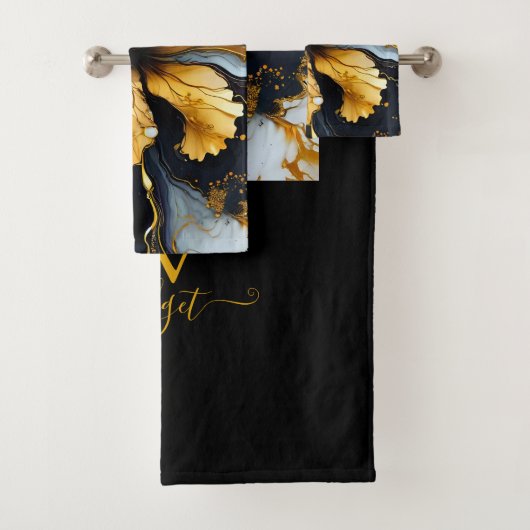 Zwart & goud chique marmer bloemenwervelbad handdo bad handdoek (Insitu)