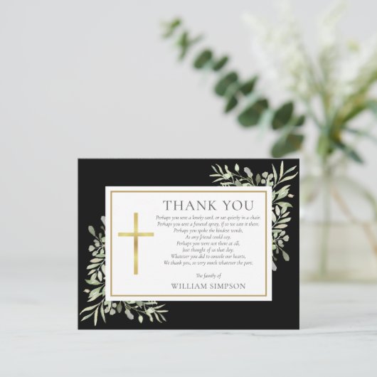 Zwart Goud Christelijk Begrafenis Groen Gedicht Bedankkaart (Staand voorkant)