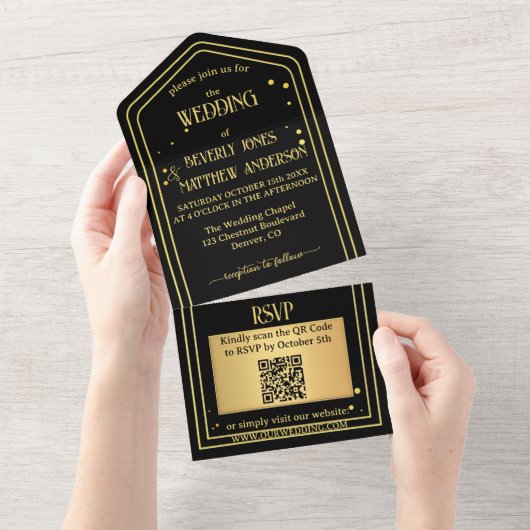 Zwart Goud Confetti QR Code Bruiloft All In One Uitnodiging (Afscheurbaar)
