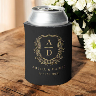 Zwart Goud Crest Modern Monogram Huwelijk Blikjeskoeler