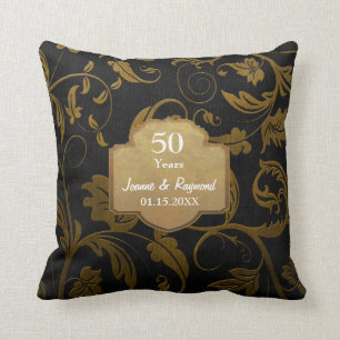 Zwart & Goud Damask 50ste bruiloft Jubileum 2c Kussen