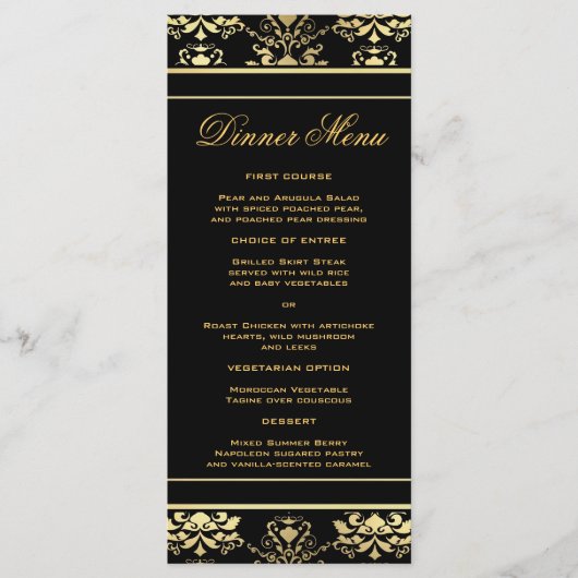 Zwart & Goud Damask Slim Dinner Menu (Voorkant)