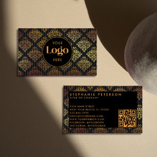 Zwart & Goud Damast Gestreepte Aangepaste Logo QR Visitekaartje