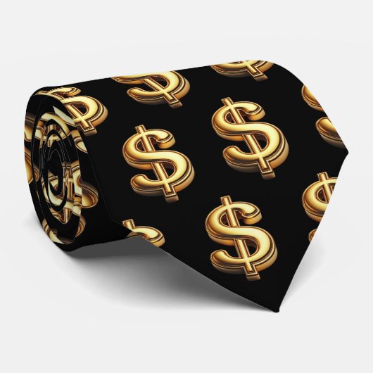 Zwart & Goud Dollar Teken Bling Stropdas (Opgerold)