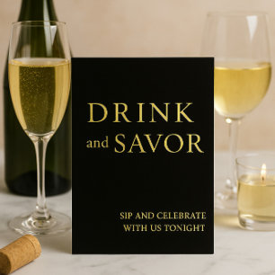 Zwart & Goud Drink & Savor Wedding Bar Teken Folie Feestdagenkaart