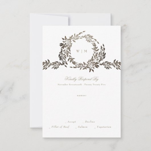 Zwart Goud Ebony Botanische Monogram Bruiloft RSVP Kaartje (Voorkant)