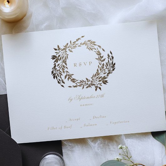 Zwart Goud Ebony Krans Monogram Bruiloft RSVP Kaartje