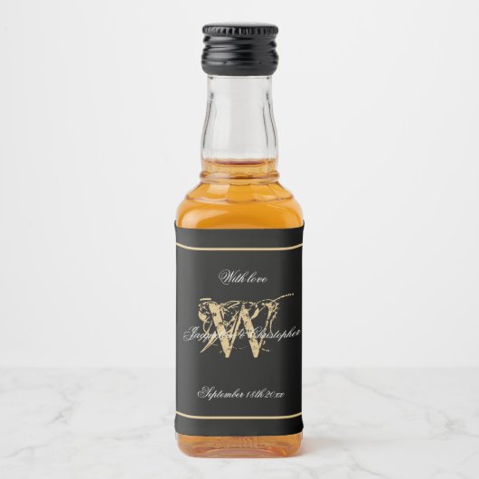 Zwart & Goud Elegant Monogram Chique Bruiloft Mini Likeurfles Etiket (Voorkant)