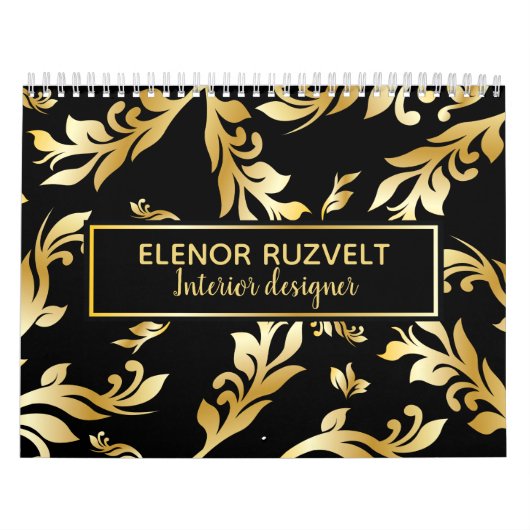 Zwart goud elegante florale damast Luxe ontwerp Kalender (Hoes)