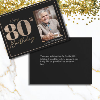 Zwart & Goud Elegante Glitters 80ste Foto Verjaard Bedankkaart