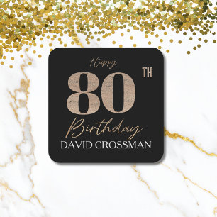 Zwart & Goud Elegante Glitters 80ste Verjaardag Vierkante Kartonnen Onderzetter