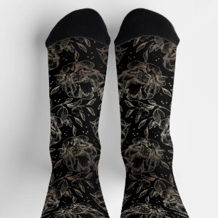 Zwart & Goud Elegante Hand Getrokken Bloemen Huwel Sokken