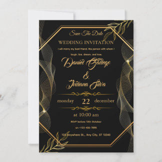 Zwart & Goud Elegante Huwelijksuitnodiging Kaart