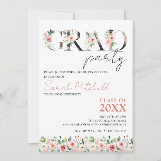 Zwart, Goud en Bloemen Graduation Party Kaart (Voorkant)