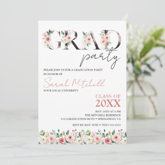 Zwart, Goud en Bloemen Graduation Party Kaart (Staand voorkant)