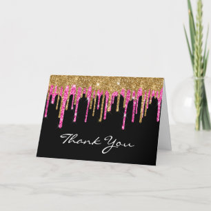 Zwart Goud en Diep Roze Glitter Drup Quinceañera Bedankkaart