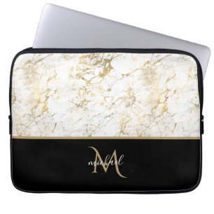 Zwart goud en marmer monogram Elegant Luxury Laptop Sleeve