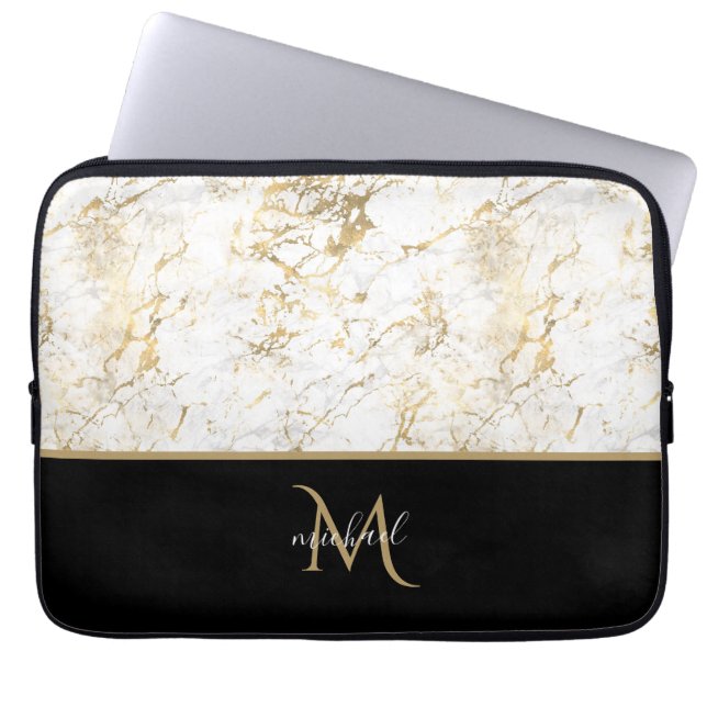 Zwart goud en marmer monogram Elegant Luxury Laptop Sleeve (Voorkant)