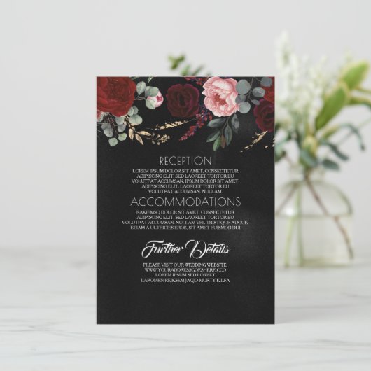 Zwart Goud en Rood Bloemen Bruiloft Informatie Informatiekaartje (Staand voorkant)