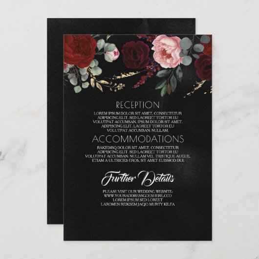 Zwart Goud en Rood Bloemen Bruiloft Informatie Informatiekaartje (Voorkant / Achterkant)