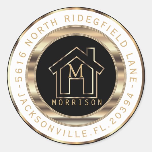Zwart, Goud en Wit Monogram Adreslabel Ronde Sticker (Voorkant)