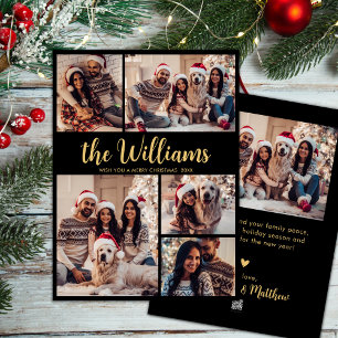 Zwart Goud Familienaam 5 Fotocollage Kerstmis Feestdagenkaart