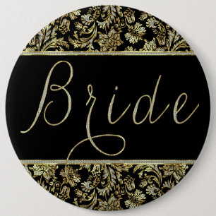Zwart, Goud & Faux Glitter Damasks Bruid Tekst Ronde Button 6,0 Cm