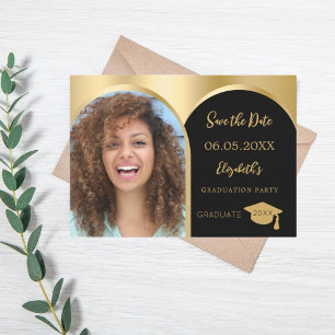 Zwart goud foto boog Graduation Party Save The Date