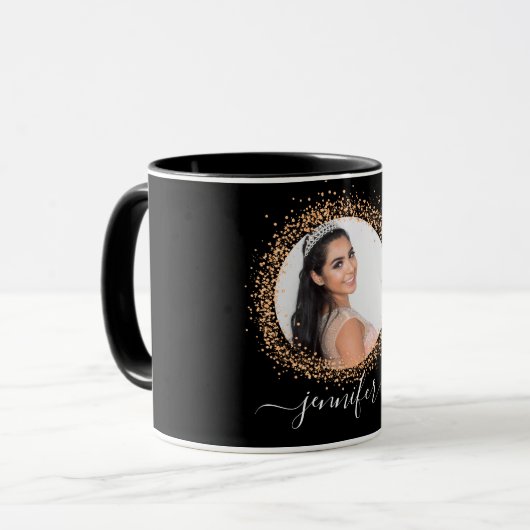 Zwart goud foto naam script mok (Voorkant links)