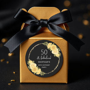 Zwart Goud & Geel Bloemen 50ste Verjaardag Ronde Sticker