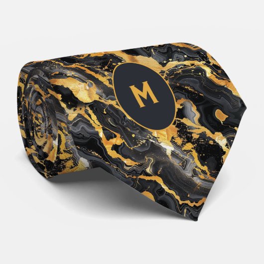 Zwart & Goud Gemarmerd Monogram Stropdas (Opgerold)