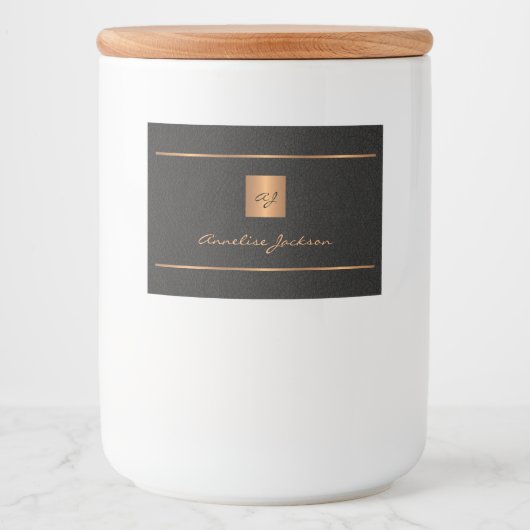Zwart goud gepersonaliseerde initialen naam script voedselcontainer etiket (Voorkant)