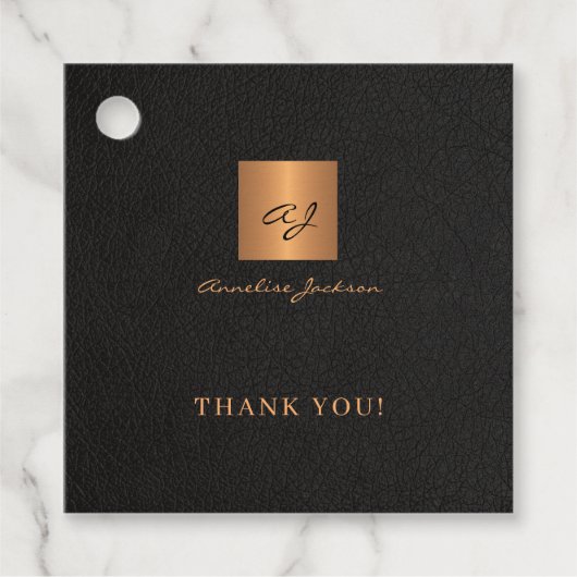 Zwart goud gepersonaliseerde monogram scriptnaam bedankjes labels (Voorkant)