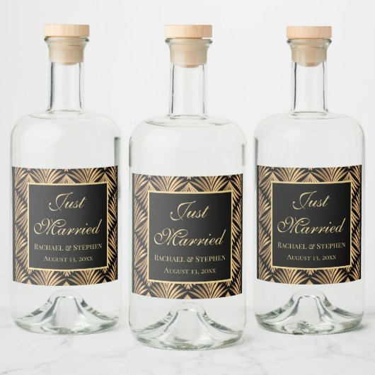 Zwart Goud Gewoon Getrouwd Art Deco Gatsby Bruilof Likeurfles Etiket (Flessen)