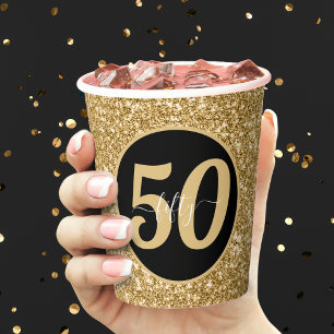Zwart & Goud Glitter 50 Vijftig jaar 50ste verjaar Papieren Bekers
