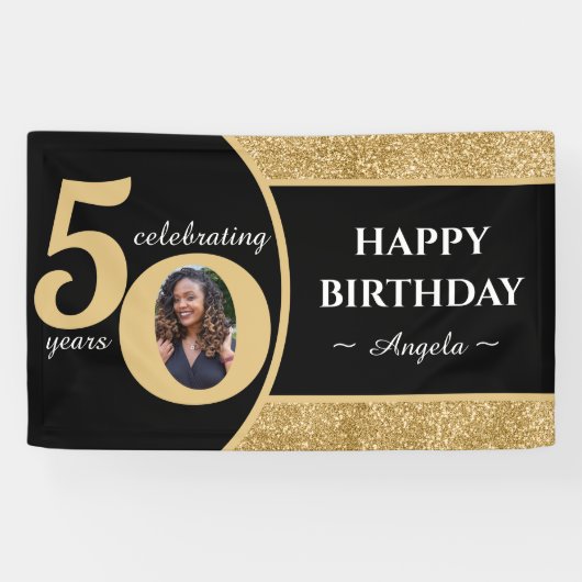 Zwart & Goud Glitter 50 Vijftig jaar 50ste verjaar Spandoek (Horizontaal)