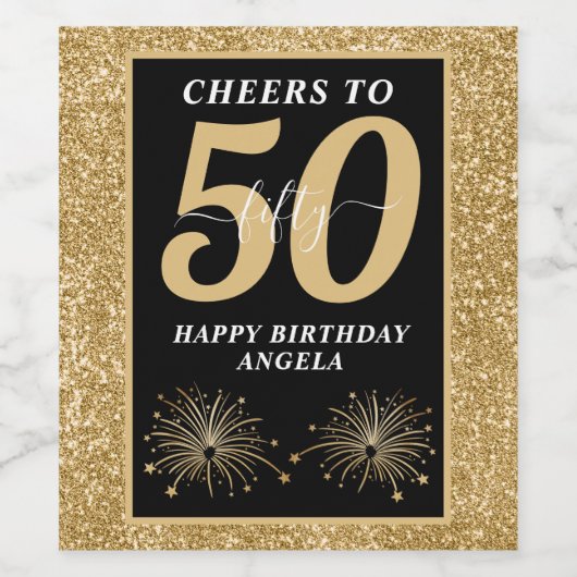 Zwart & Goud Glitter 50 Vijftig jaar 50ste verjaar Wijn Etiket (Enkel label)