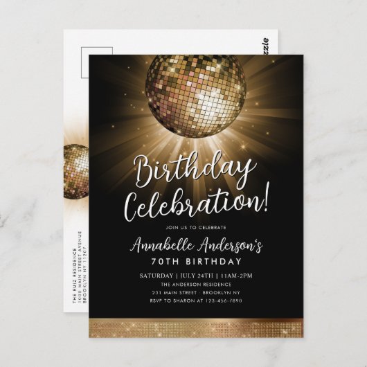 Zwart Goud Glitter 70s Feest Disco Bal Verjaardag Briefkaart (Voorkant / Achterkant)