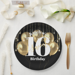Zwart Goud Glitter Bold Sweet 16 Verjaardagsballon Papieren Bordje