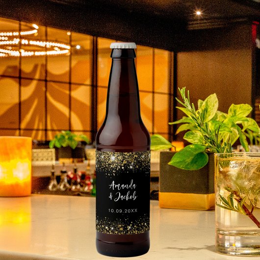 Zwart goud glitter bruiloft bier etiket