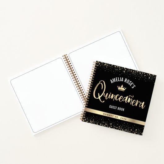 Zwart goud Glitter Crown Quinceañera Guest Book Notitieboek (Binnen)