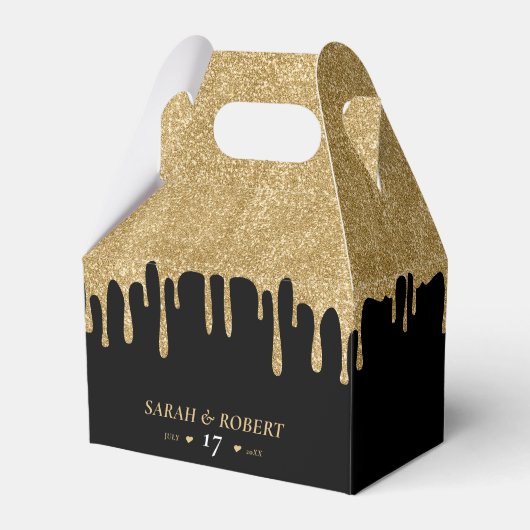 Zwart & Goud Glitter Drip Bruiloft Bedankdoosjes (Voorkant Zijde)