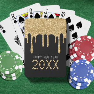 Zwart & Goud Glitter Drip Gelukkig Nieuwjaar 2024 Pokerkaarten