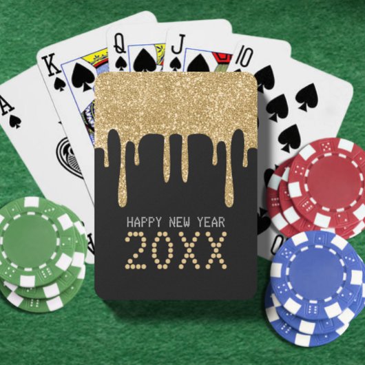 Zwart & Goud Glitter Drip Gelukkig Nieuwjaar 2024 Pokerkaarten